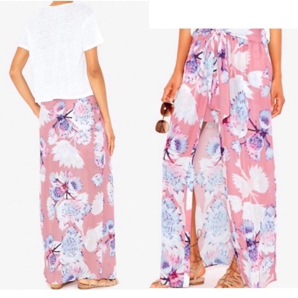 INTERMIX Pink Floral 100% Silk Button Front Cottagecore Maxi Skirt XS/S